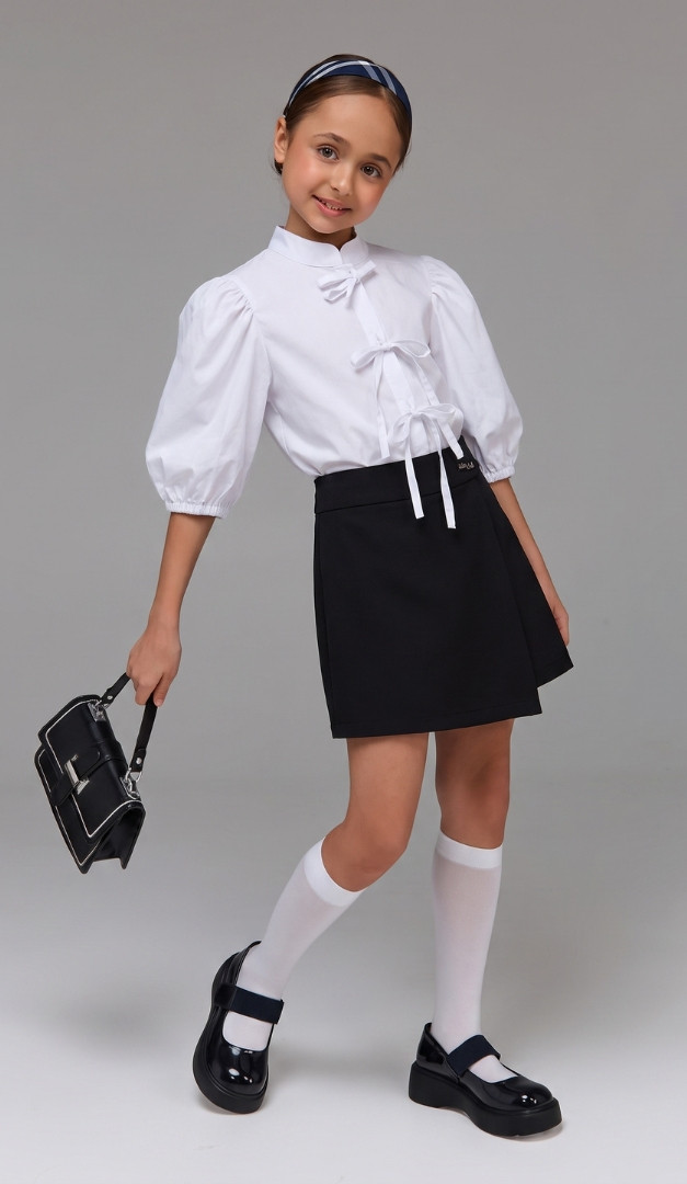 Фото bluza-dla-devocki-zavazki-bantiki-belaa-02 товара Блуза для девочки завязки бантики белая0
