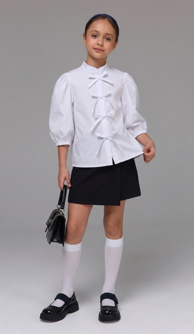 Фото bluza-dla-devocki-zavazki-bantiki-belaa-03 товара Блуза для девочки завязки бантики белая0