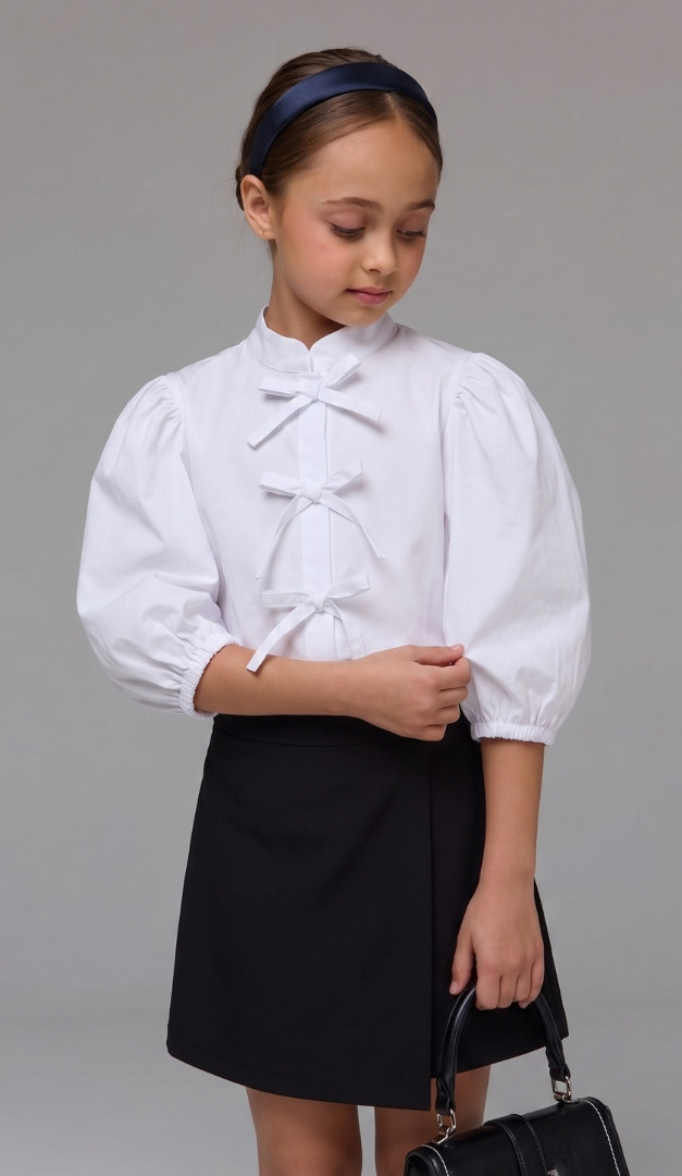 Фото bluza-dla-devocki-zavazki-bantiki-belaa-05 товара Блуза для девочки завязки бантики белая0