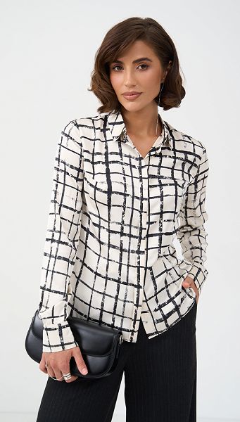 Фото bluzka-zenskaa-v-kletku-molocnaa-01 товару Блузка жіноча в клітинку молочна