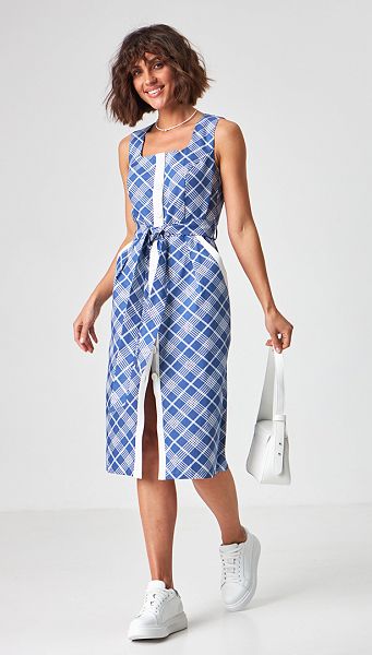 Фото letnij-sarafan-dzinsovyj-v-kletku-s-karmanami-01 товара Летний сарафан джинсовый в клетку с карманами