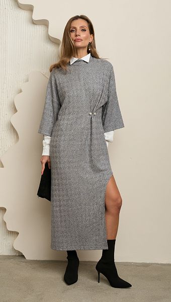 Фото plate-trikotaznoe-s-razrezom-seroe-3 товару Сукня трикотажна з розрізом сіра0