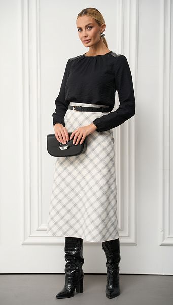 Фото ubka-trapecia-molocnaa-v-kletocku-1 товара Юбка трапеция молочная в клеточку