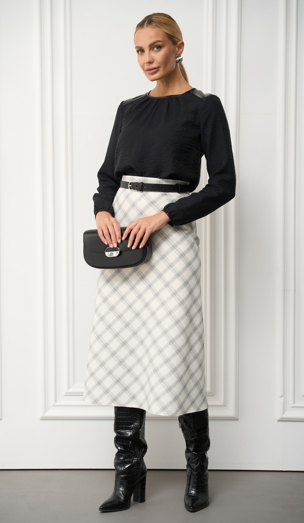 Фото ubka-trapecia-molocnaa-v-kletocku-1 товара Юбка трапеция молочная в клеточку0