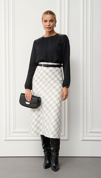 Фото ubka-trapecia-molocnaa-v-kletocku-2 товару Спідниця трапеція молочна в клітинку0